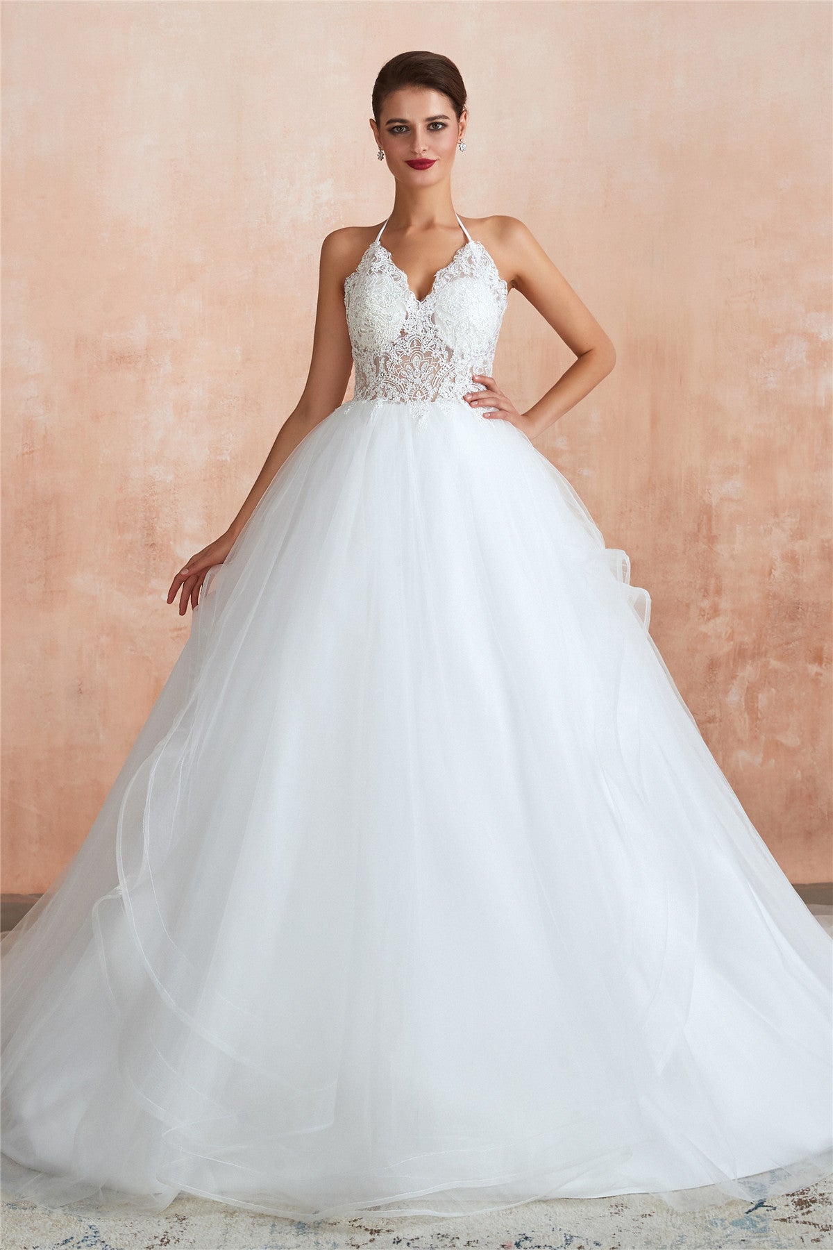 Long Halter A-line Ball Gown White Wedding Dress with Lace FancyVestido Long Halter A-line Ball Gown White Wedding Dress with Lace FancyVestido