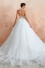 Long Halter A-line Ball Gown White Wedding Dress with Lace
