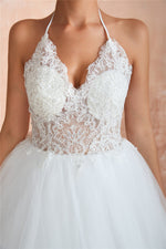 Long Halter A-line Ball Gown White Wedding Dress with Lace