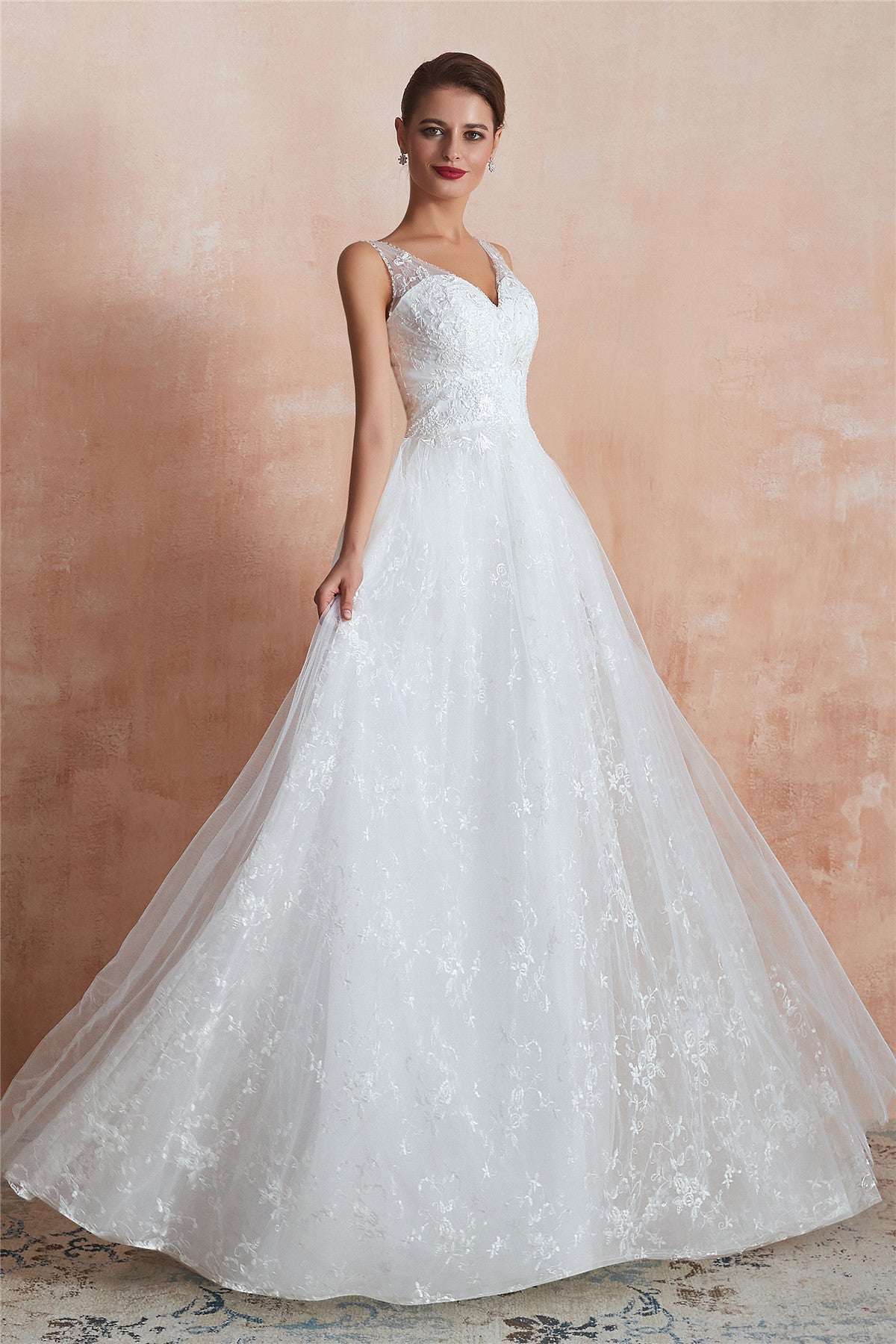 Long V-Neck A-line Empire White Wedding Dress with Lace  FancyVestido