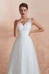 Long V-Neck A-line Empire White Wedding Dress with Lace