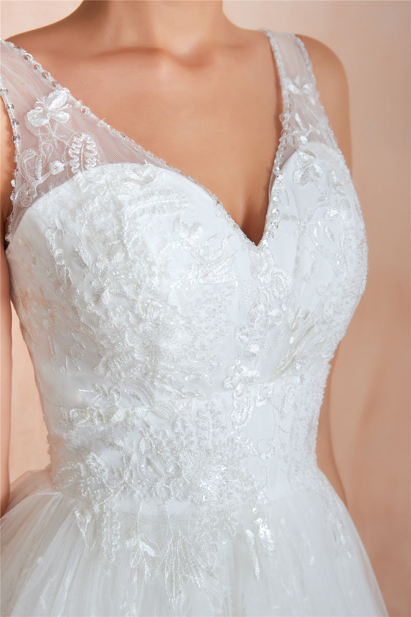 Long V-Neck A-line Empire White Wedding Dress with Lace