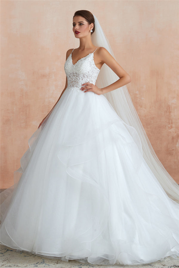 Long Lace-Up Back A-line Straps White Wedding Dress with Lace