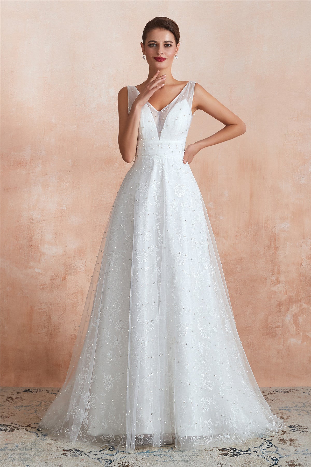 Long A-Line Floral Appliqued White Bridal Dress with Crystals