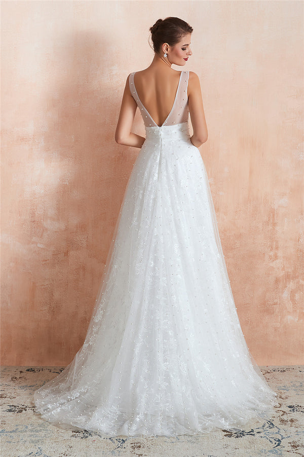 Long A-Line Floral Appliqued White Bridal Dress with Crystals