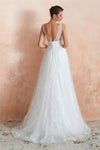 Long A-Line Floral Appliqued White Bridal Dress with Crystals