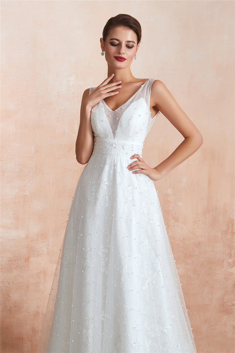 Long A-Line Floral Appliqued White Bridal Dress with Crystals