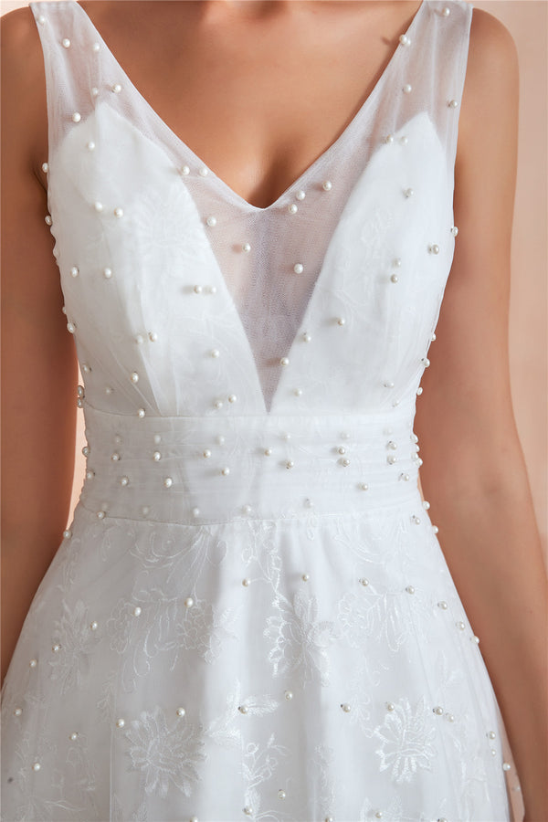 Long A-Line Floral Appliqued White Bridal Dress with Crystals