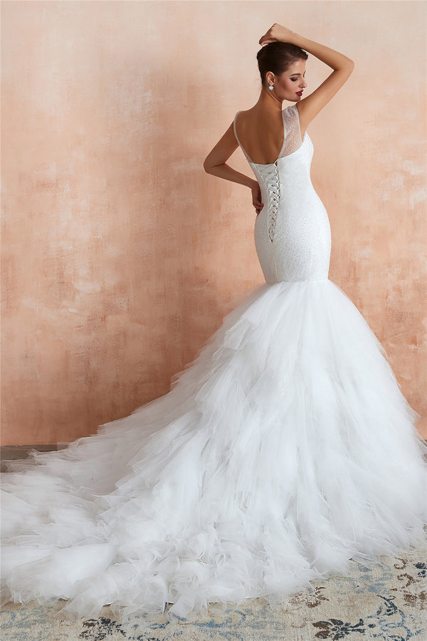 Long Lace-Up Back Mermaid White Wedding Dress with Layered Train