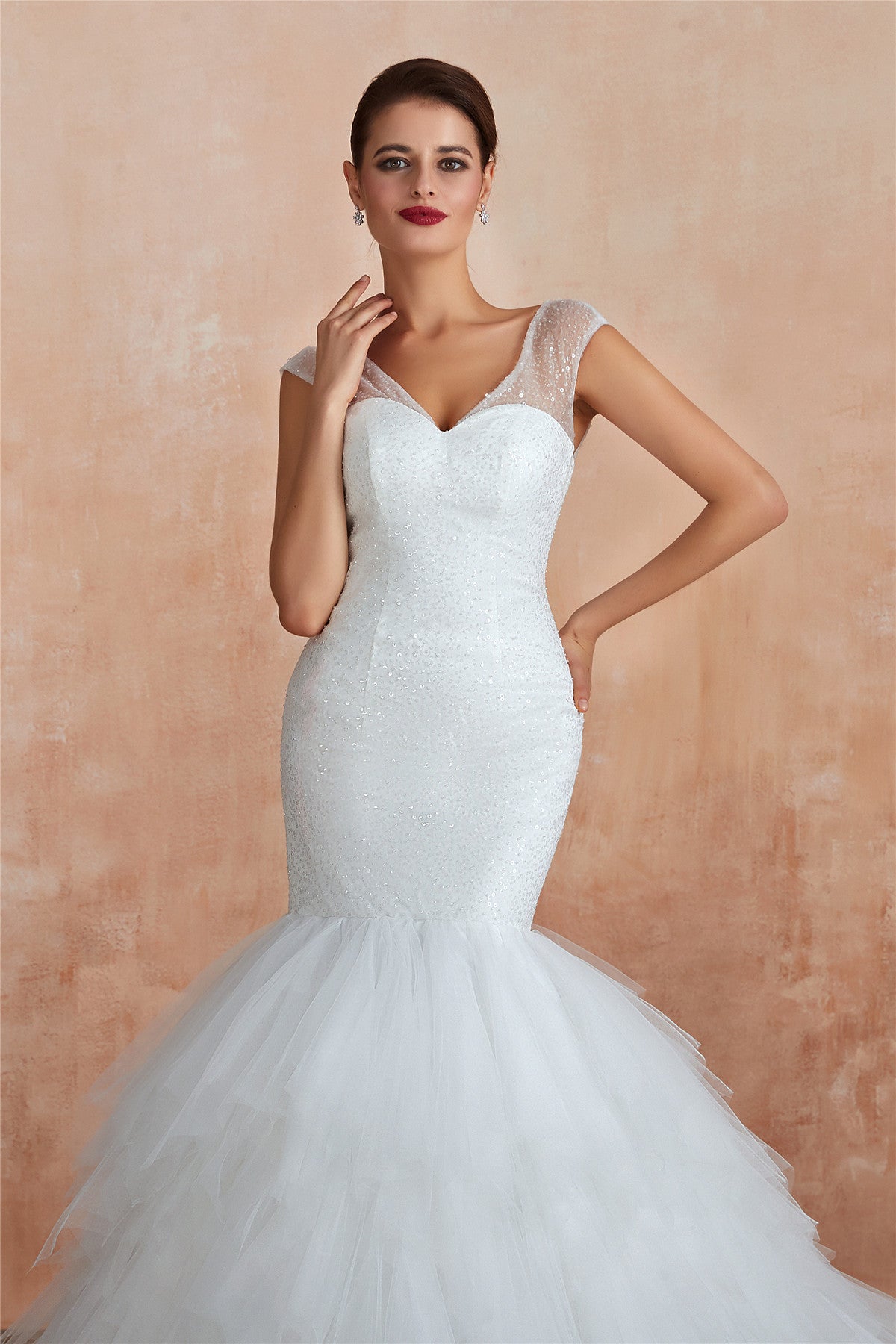 Long Lace-Up Back Mermaid White Wedding Dress with Layered Train FancyVestido Long Lace-Up Back Mermaid White Wedding Dress with Layered Train FancyVestido