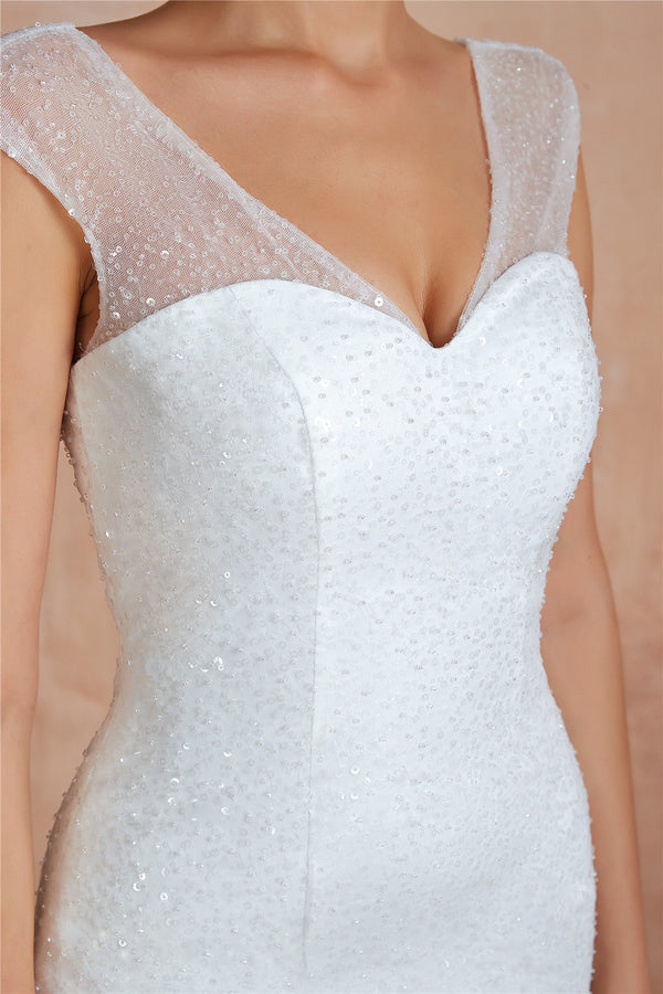 Long Lace-Up Back Mermaid White Wedding Dress with Layered Train