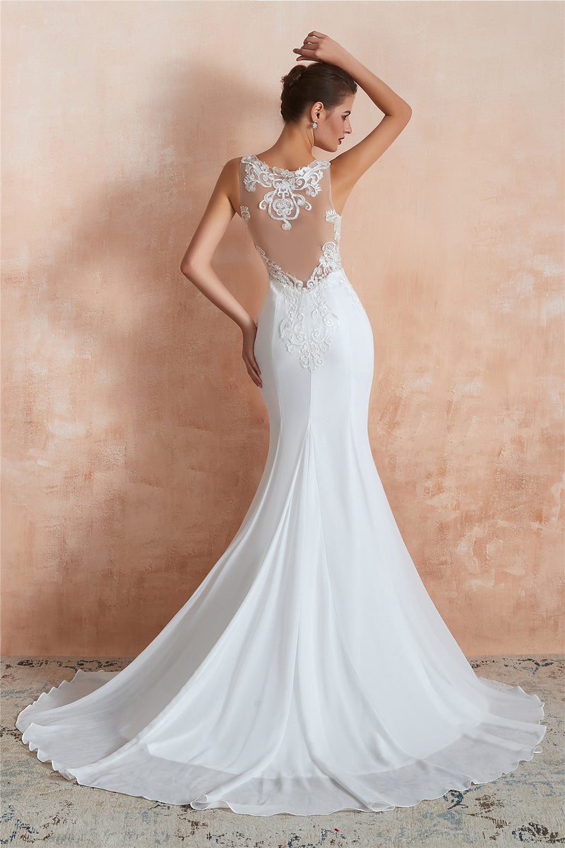 Sexy Long Mermaid See-Through White Wedding Dress with Lace Top