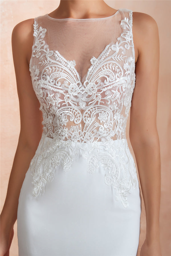 Sexy Long Mermaid See-Through White Wedding Dress with Lace Top