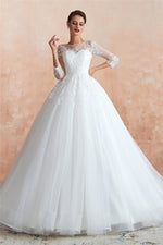 Princess 3/4 Sleeves Long A-line White Wedding Dress with Lace