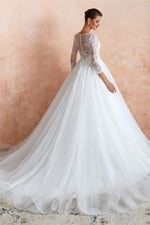 Princess 3/4 Sleeves Long A-line White Wedding Dress with Lace