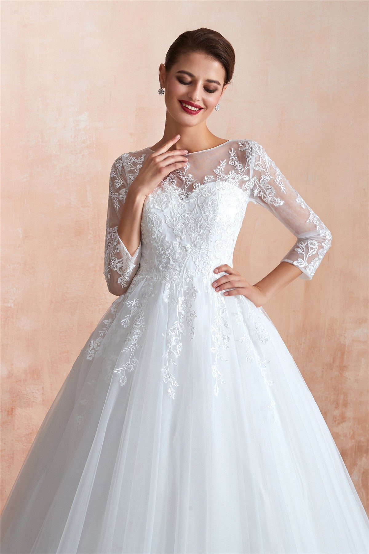 white bridal dresses with sleeves Princess 3/4 Sleeves Long A-line White Wedding Dress with Lace – FancyVestido