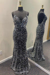 Black Sequins Spaghetti Straps Long Prom Dress