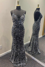 Black Sequins Spaghetti Straps Long Prom Dress