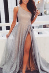 Gorgeous One Shoulder Silver Long Prom Dress with Slit