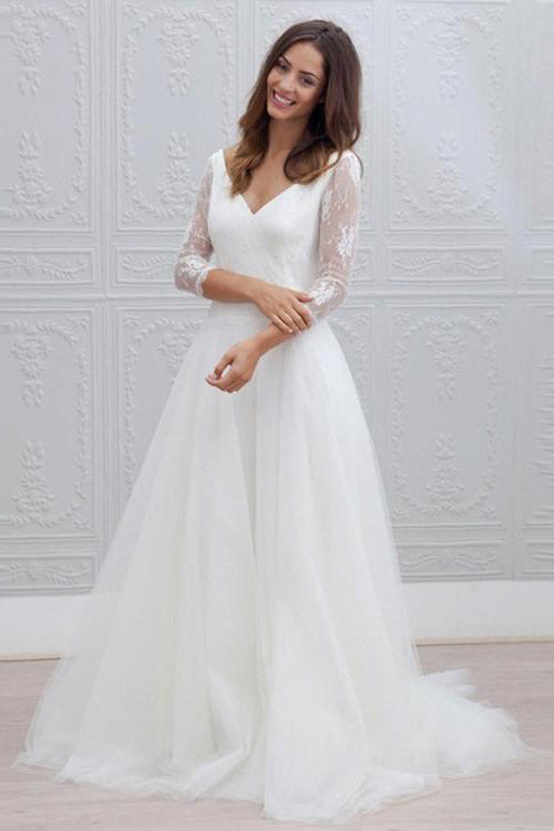 Princess Long Sleeves A-line V-Neck White Wedding Dress with Lace