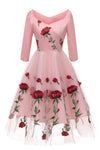 Square Neck Floral Short Pink Party Dress with Embroidery