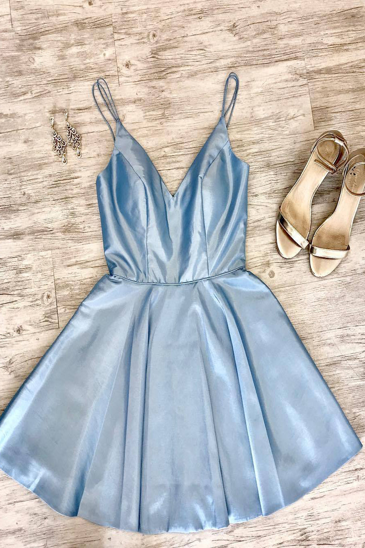 Double Straps Short Sky Blue Party Dress