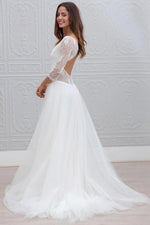 Princess Long Sleeves A-line V-Neck White Wedding Dress with Lace