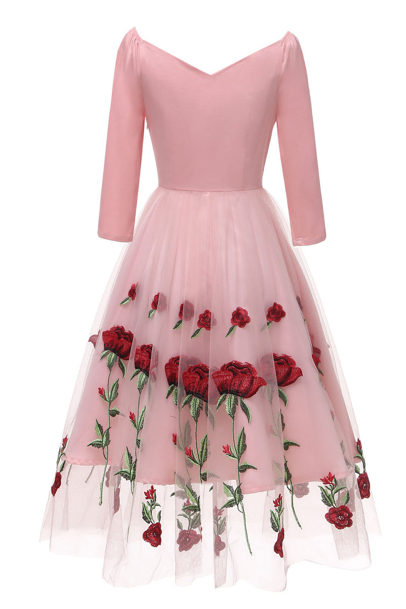 Square Neck Floral Short Pink Party Dress with Embroidery