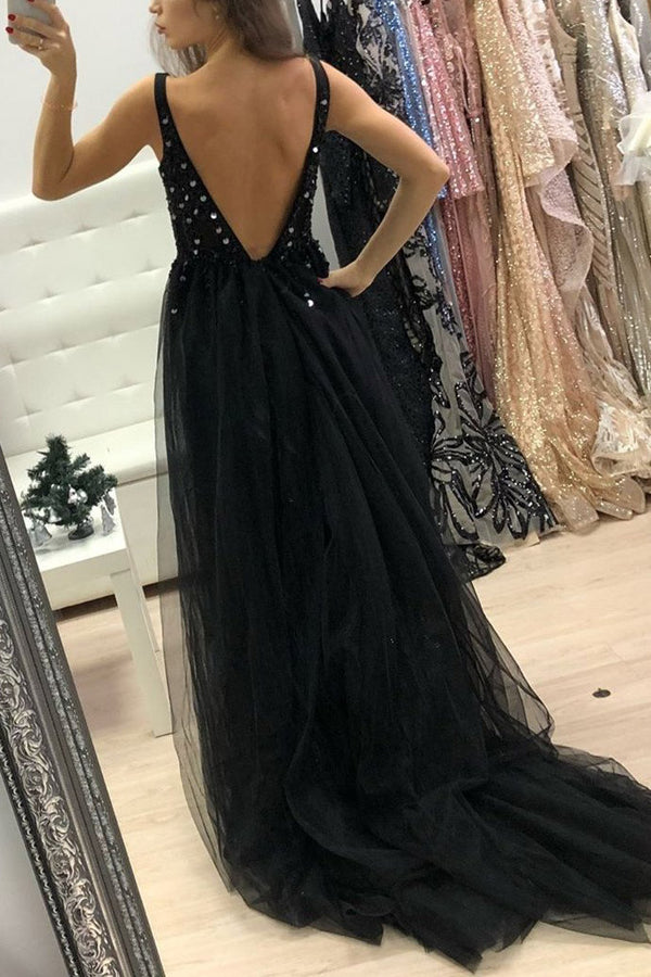 Elegant Black V-Neck Sequin Evening Gown with Leg Slit