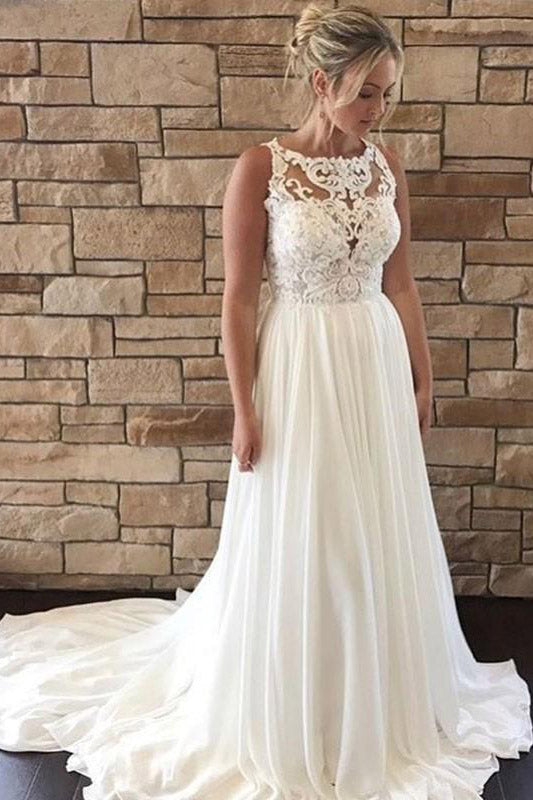 Long Jewel Neck A-line Ivory Wedding Dress with Lace