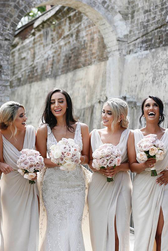 Cowl Neck Cream Chiffon Long Bridesmaid Dress with Slit FancyVestido Cowl Neck Cream Chiffon Long Bridesmaid Dress with Slit FancyVestido