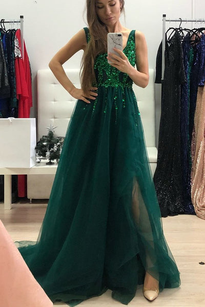 Emerald Green Sequin Bodice Tulle Prom Dress with Slit