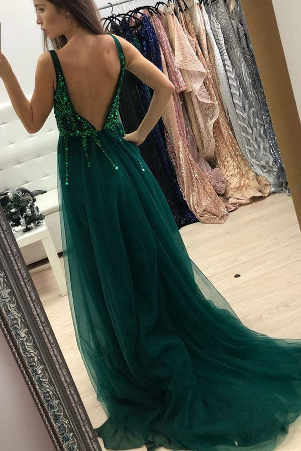Emerald Green Sequin Bodice Tulle Prom Dress with Slit