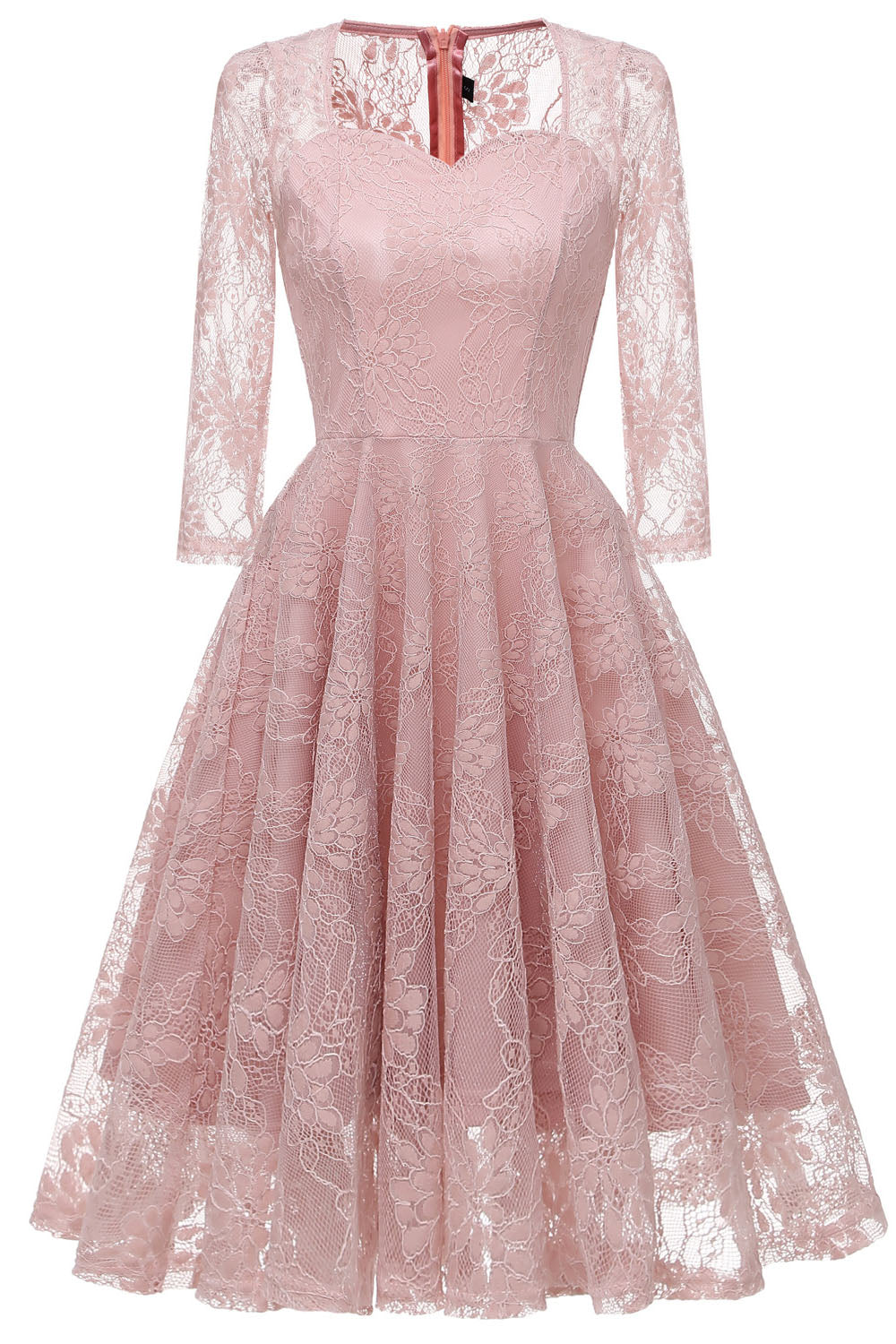 Sheer Long Sleeves Pearl Pink Lace Party Dress FancyVestido Sheer Long Sleeves Pearl Pink Lace Party Dress FancyVestido