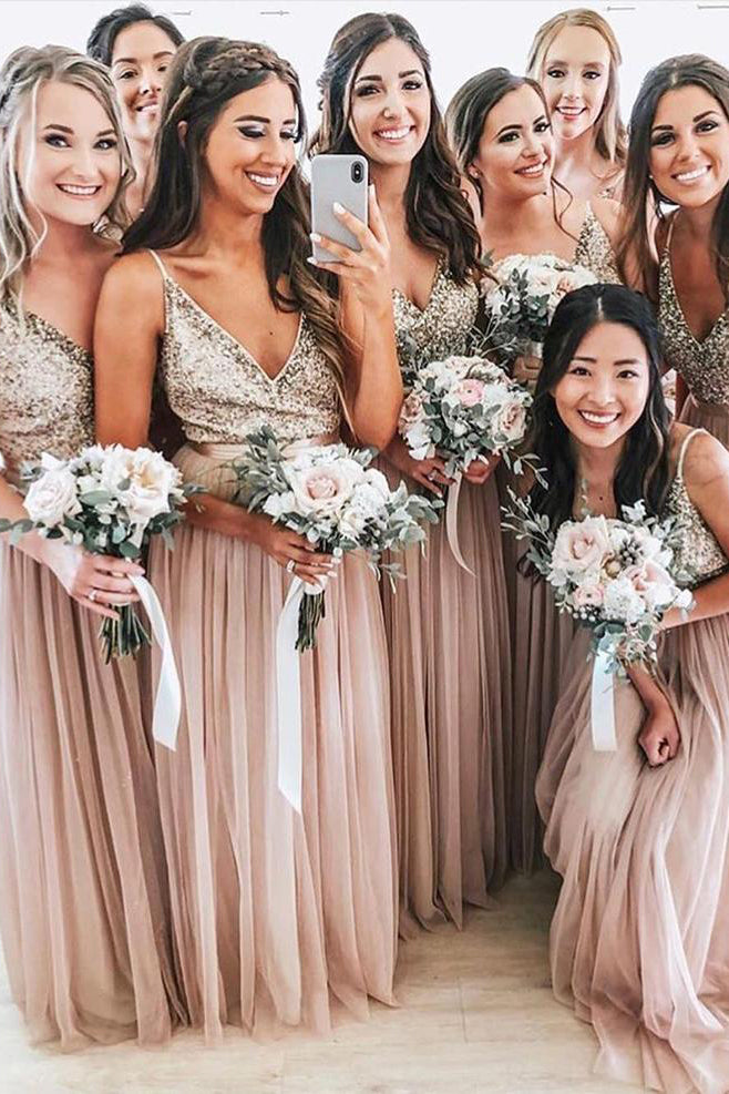 Pink Long Bridesmaid Dress with Silver Sequins Top