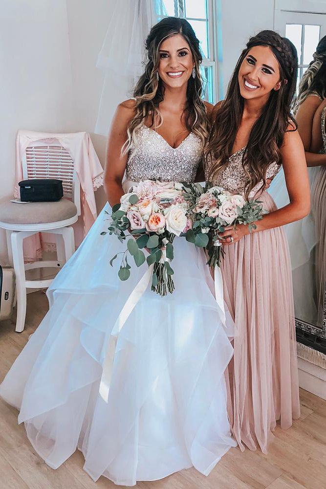 Pink Long Bridesmaid Dress with Silver Sequins Top FancyVestido Pink Long Bridesmaid Dress with Silver Sequins Top FancyVestido