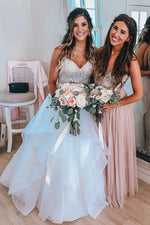 Pink Long Bridesmaid Dress with Silver Sequins Top