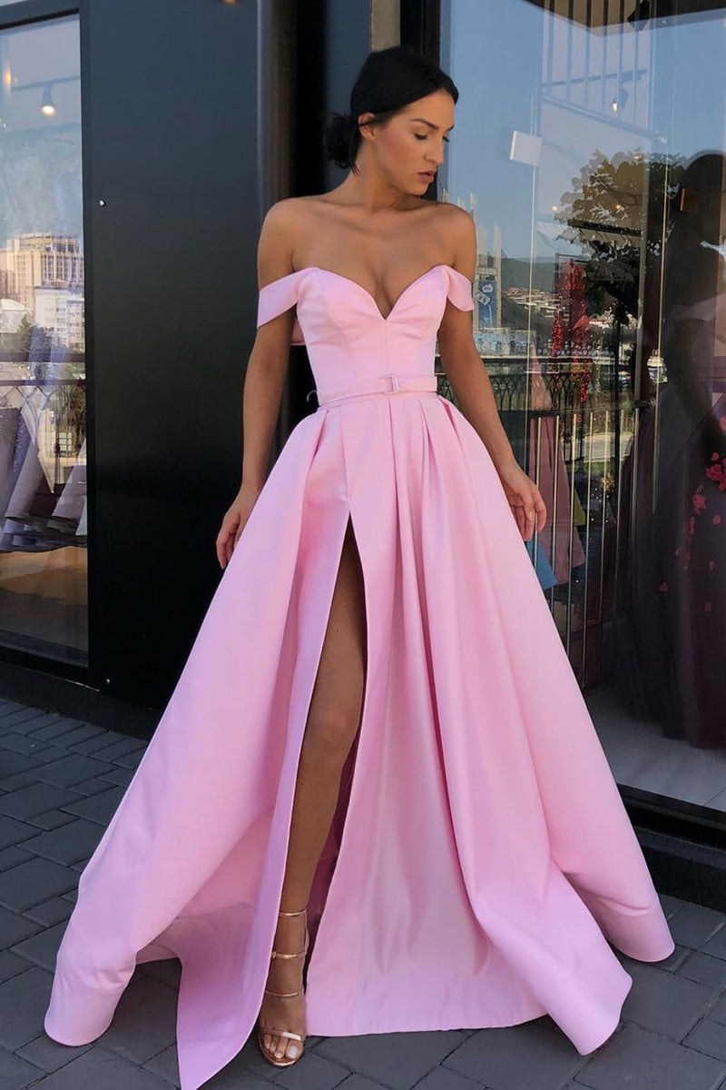 Side Slit Off the Shoulder Pink Long Prom Dress with Belt