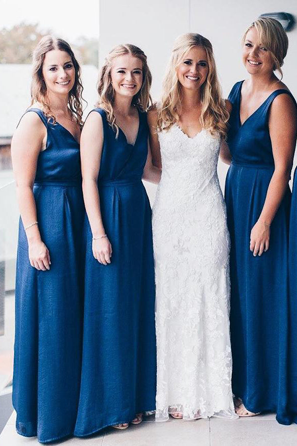 Royal Blue V Neck Floor Length Bridesmaid Dress