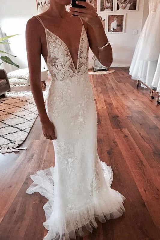 Long Deep V-Neck Mermaid White Wedding Dress with Lace