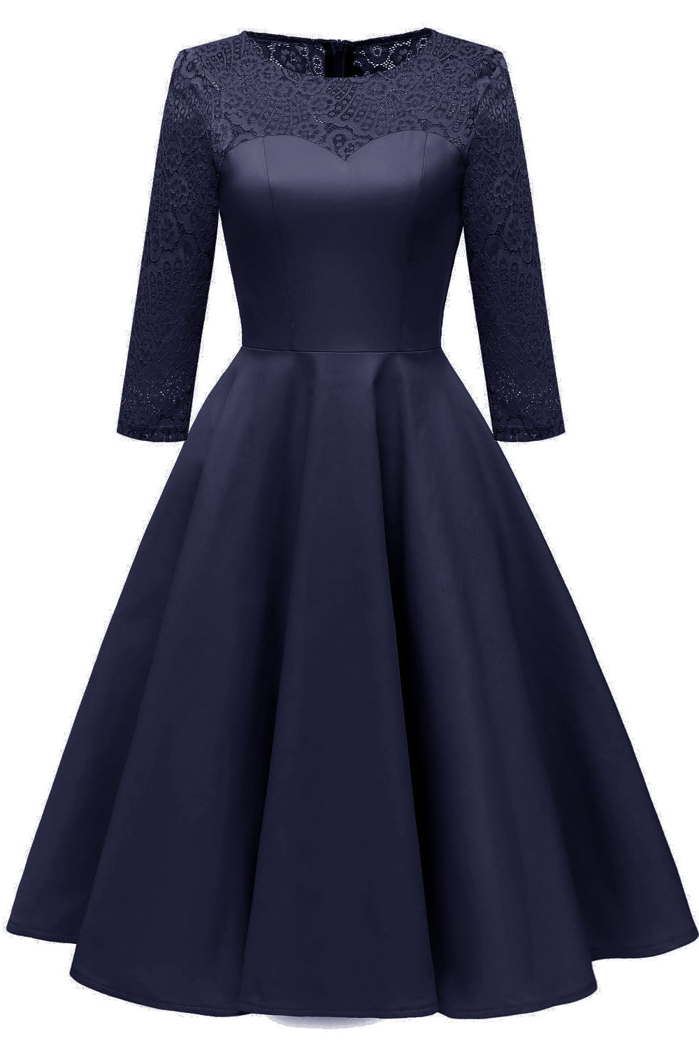 fitted lace wedding dress Jewel Neck Long Sleeves Dark Navy Party Dress with Lace – FancyVestido