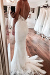 Long Deep V-Neck Mermaid White Wedding Dress with Lace