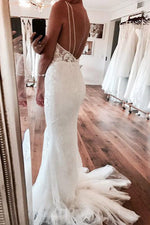 Long Deep V-Neck Mermaid White Wedding Dress with Lace