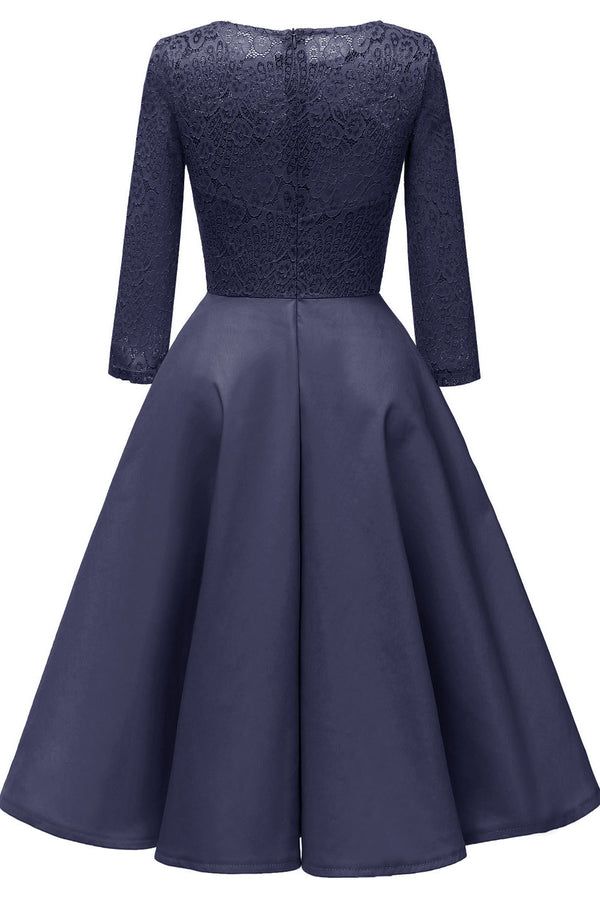 Jewel Neck Long Sleeves Dark Navy Party Dress with Lace
