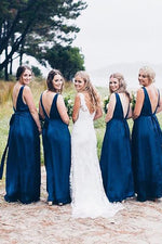 Royal Blue V Neck Floor Length Bridesmaid Dress