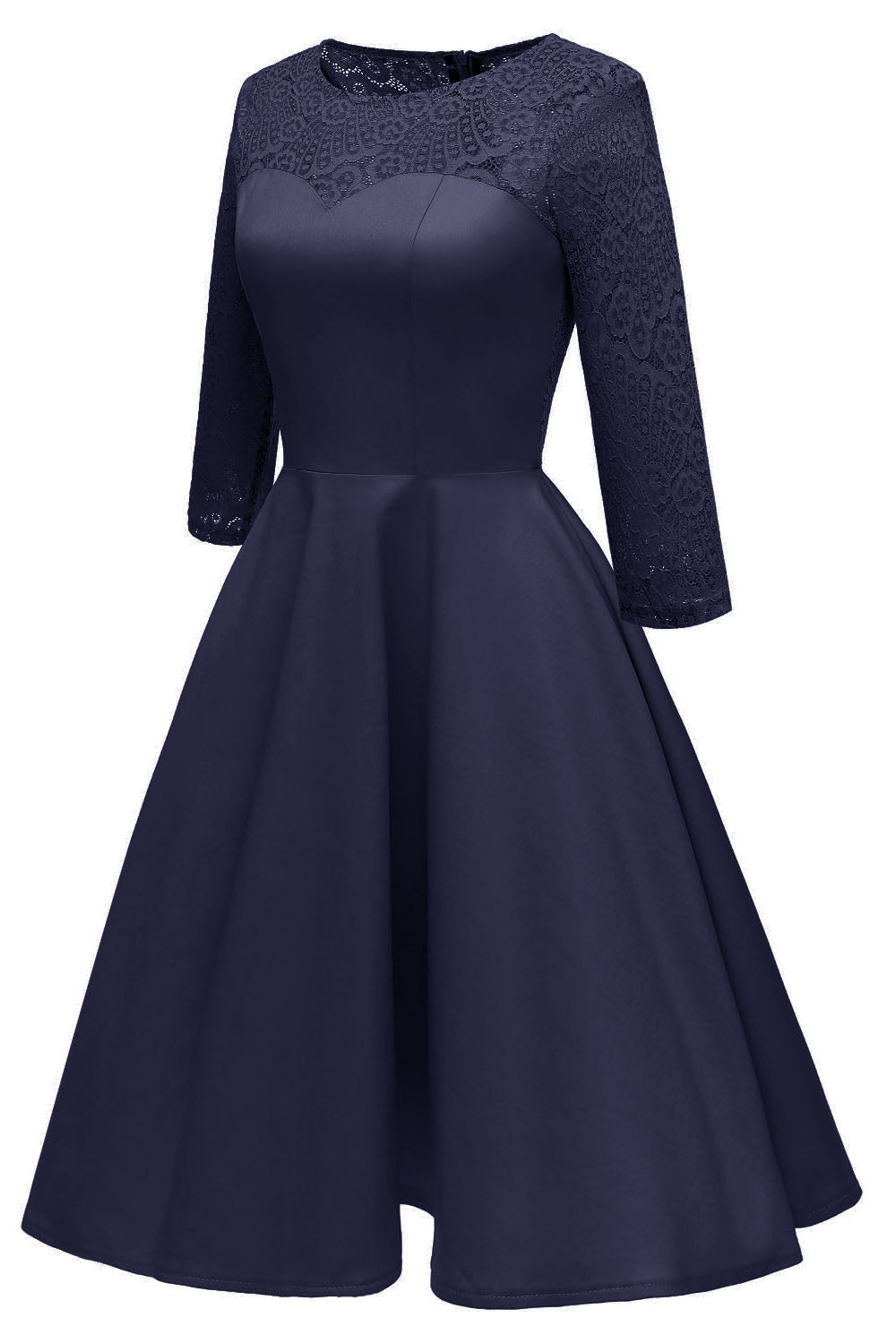 Jewel Neck Long Sleeves Dark Navy Party Dress with Lace FancyVestido Jewel Neck Long Sleeves Dark Navy Party Dress with Lace FancyVestido