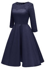 Jewel Neck Long Sleeves Dark Navy Party Dress with Lace