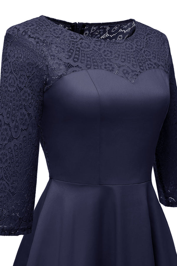 Jewel Neck Long Sleeves Dark Navy Party Dress with Lace