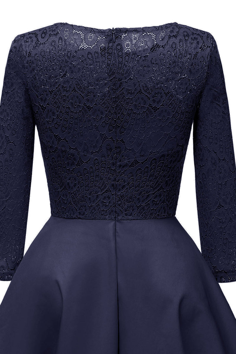 Jewel Neck Long Sleeves Dark Navy Party Dress with Lace