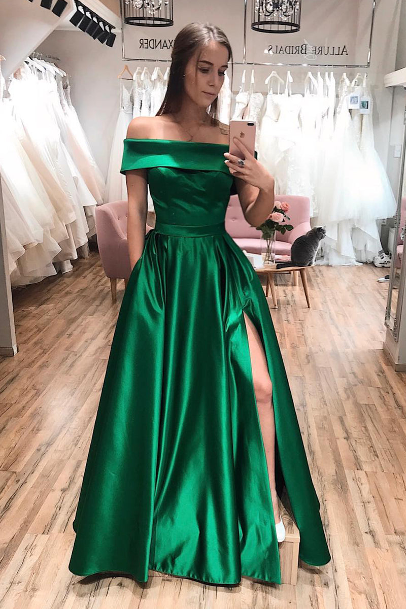Off Shoulder Emerald Green Long Prom Dress with Side Slit